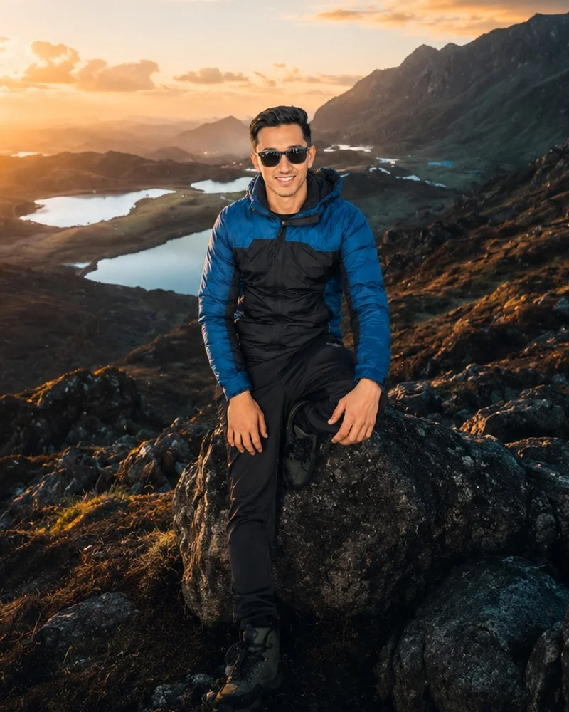 Santosh Bhandari in the mountains at sunset